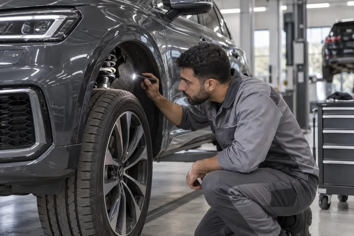 Technician inspecting the wheel area of a vehicle