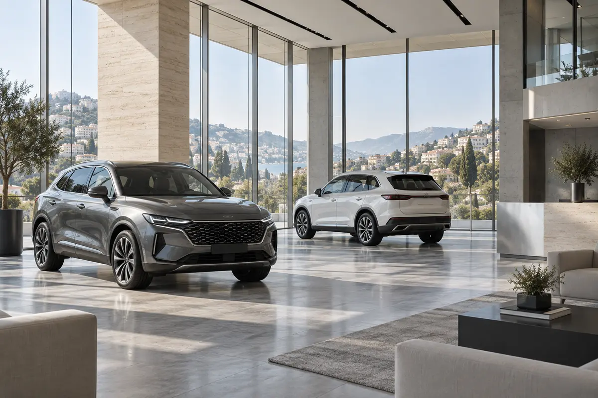 Modern dealership showroom overlooking Lebanese hills