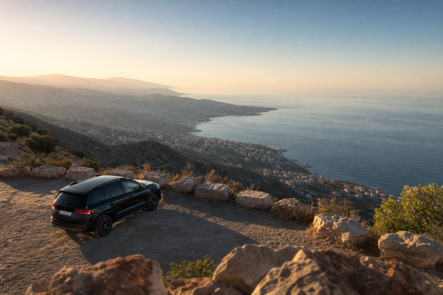 Custom Motorhaus vehicle visual overlooking the Lebanese coast