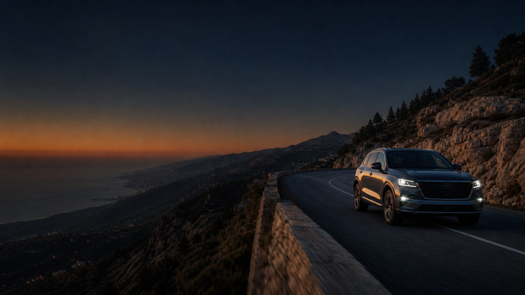 Custom Motorhaus SUV visual on a Lebanese mountain road at dusk
