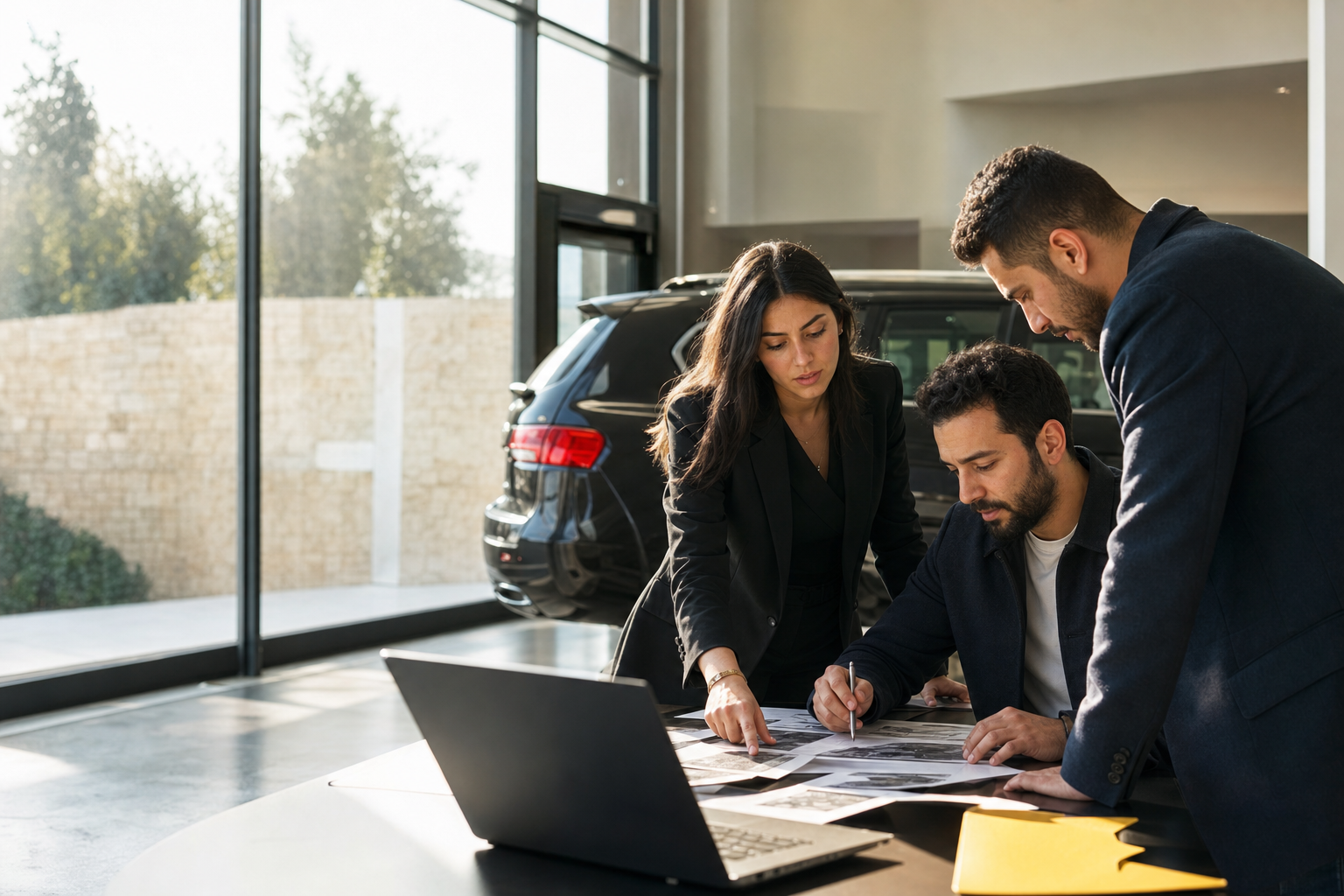 Custom Motorhaus visual of a dealership team reviewing a vehicle opportunity