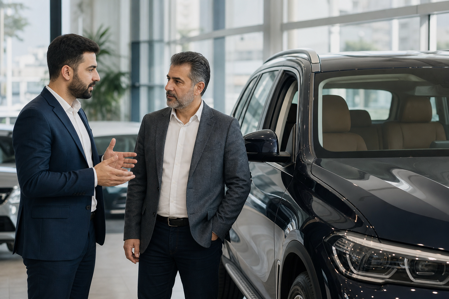 Custom Motorhaus visual of dealership professionals reviewing a vehicle decision